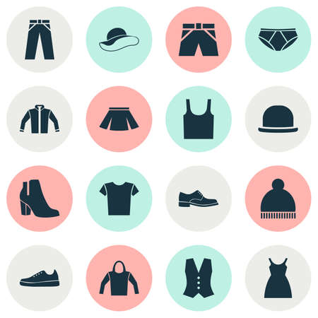 Garment Icons Set. Collection Of Trunks Cloth, Briefs, Sweatshirt And Other Elements. Also Includes Symbols Such As Gumshoes, Skirt, Leggings.のイラスト素材