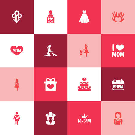 Mothers Day Icon Design Concept. Set Of 16 Such Elements As Playing, Emotion And Present. Beautiful Symbols For Playing, Gift And Text.のイラスト素材