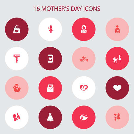 Mothers Day Icon Design Concept. Set Of 16 Such Elements As Letter, Cellphone And Stroller. Beautiful Symbols For Lady, Helping And Dress.のイラスト素材