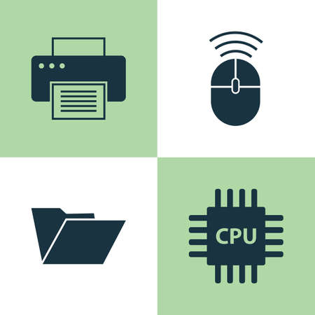 Computer Icons Set. Collection Of Dossier, Computer Mouse, Motherboard And Other Elements. Also Includes Symbols Such As Printer, Microprocessor, Printing.のイラスト素材