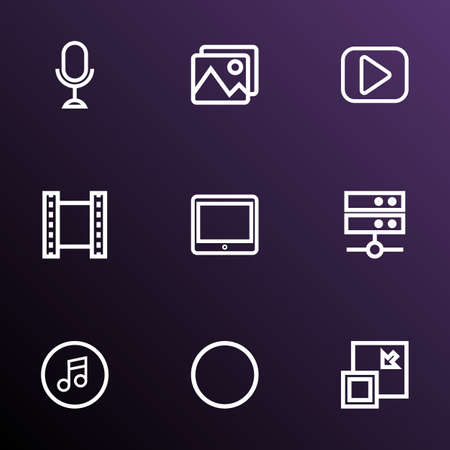 Multimedia icons line style set with microphone, media server, minimize and other play
 elements. Isolated vector illustration multimedia icons.のイラスト素材