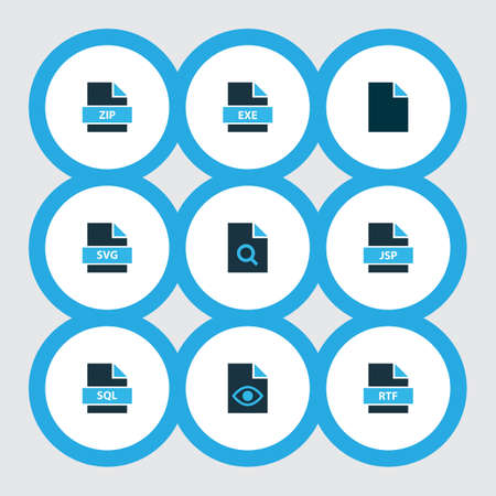 Types icons colored set with file exe, search file, file zip and other archive
 elements. Isolated  illustration types icons.の写真素材