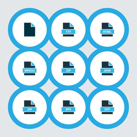 Types icons colored set with file otf, mpeg4 file, file zip and other page
 elements. Isolated vector illustration types icons.のイラスト素材