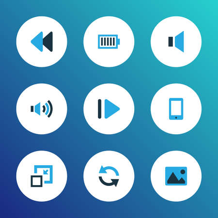 Multimedia icons colored set with volume up, sync, rewind and other backward
 elements. Isolated vector illustration multimedia icons.のイラスト素材