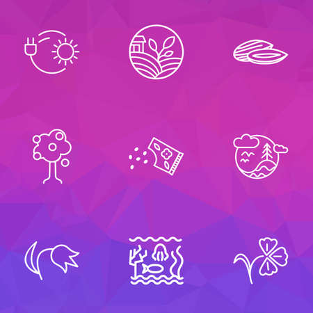 Landscape icons line style set with solar power, fruit tree, eco farming and other underwater
 elements.の写真素材