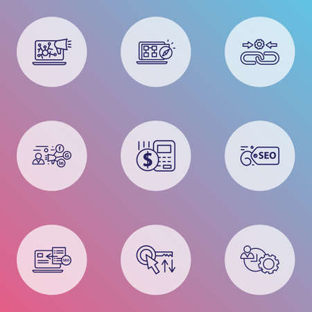 Optimization icons line style set with SEO guide, sort keywords, time management and other advertising
 elements. Isolated vector illustration optimization icons.のイラスト素材