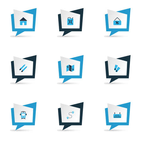 Trip icons colored set with map with route, hotel, house and other diver shoe
 elements. Isolated  illustration trip icons.の写真素材