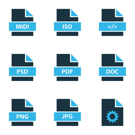 File icons colored set with text, file pdf, file png and other setting
 elements. Isolated vector illustration file icons.のイラスト素材