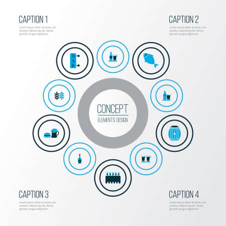 Alcohol icons colored set with tequila, fish, brewery and other vodka bottle
 elements. Isolated vector illustration alcohol icons.のイラスト素材