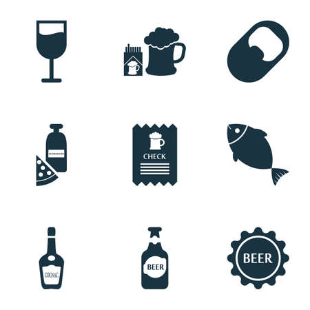 Drink icons set with cognac, check, beer with cigarettes and other menu
 elements. Isolated vector illustration drink icons.のイラスト素材