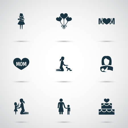 Mothers day icon design concept. Set of 9 such elements as balloon, kid and cake. Beautiful symbols for mother, heart and text.のイラスト素材