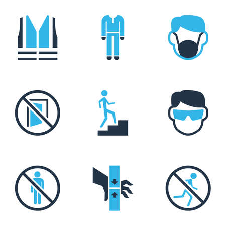 Protection icons colored set with dust mask, keep door closed, protective clothing and other injury
 elements. Isolated vector illustration protection icons.のイラスト素材