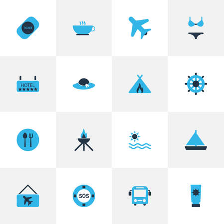 Trip icons colored set with bus, handwheel, yacht sunscreen
 elements. Isolated vector illustration trip icons.のイラスト素材