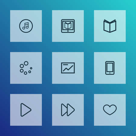 Music icons line style set with textbook, play, learning and other multimedia
 elements. Isolated vector illustration music icons.のイラスト素材