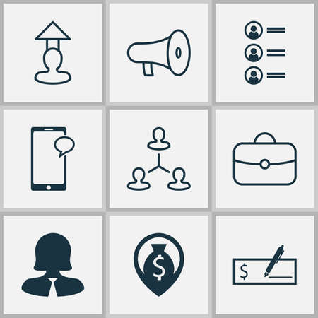 Management icons set with handbag, career prospects, dollar bank check messaging elements. Isolated vector illustration management icons.の写真素材