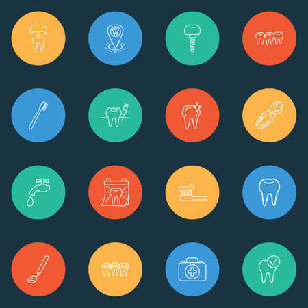 Tooth icons line style set with dental mirror, braces, dental crown and other dentition
 elements. Isolated vector illustration tooth icons.のイラスト素材