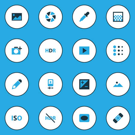 Photo icons colored set with iso, slideshow, high dynamic range and other mode
 elements. Isolated vector illustration photo icons.のイラスト素材
