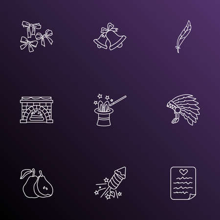 Thanksgiving icons line style set with magicians hat, fireworks, festive bow and other headdress
 elements. Isolated vector illustration thanksgiving icons.のイラスト素材