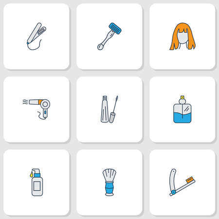 Barbershop icons colored line set with cologne spray, hairdresser, styling iron and other perfume
 elements. Isolated vector illustration barbershop icons.のイラスト素材