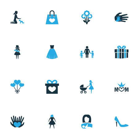 Mothers day icon colored design concept. Set of 16 such elements as helping, package and mum. Beautiful symbols for mother, palm and woman.のイラスト素材