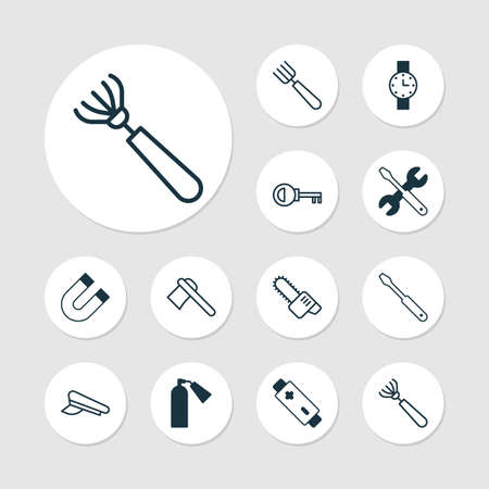 Tools icons set with watch, door key, battery and other timer
 elements. Isolated vector illustration tools icons.のイラスト素材