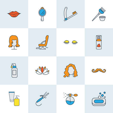 Hairdresser icons colored line set with soap, lotus flower, shaving cream and other coiffure
 elements. Isolated vector illustration hairdresser icons.のイラスト素材