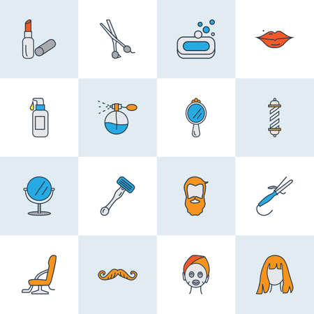 Hairdresser icons colored line set with face mask, barber pole, moustache and other hygiene
 elements. Isolated vector illustration hairdresser icons.のイラスト素材