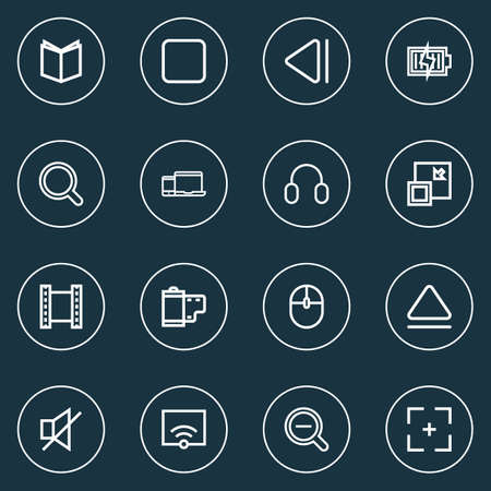 Media icons line style set with slow backward, textbook, zoom out and other devices
 elements. Isolated vector illustration media icons.のイラスト素材