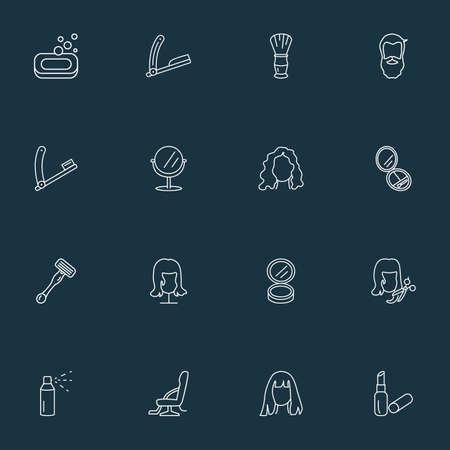 Hairdresser icons line style set with mirror, haircut, lipstick and other barbershop furniture
 elements. Isolated vector illustration hairdresser icons.のイラスト素材