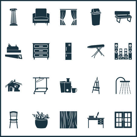 House icons set with fridge, curtain, trash bin and other drapery
 elements. Isolated vector illustration house icons.のイラスト素材