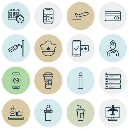 Airport icons set with stewardess, paper cup, info sign and other calculation
 elements. Isolated vector illustration airport icons.の写真素材