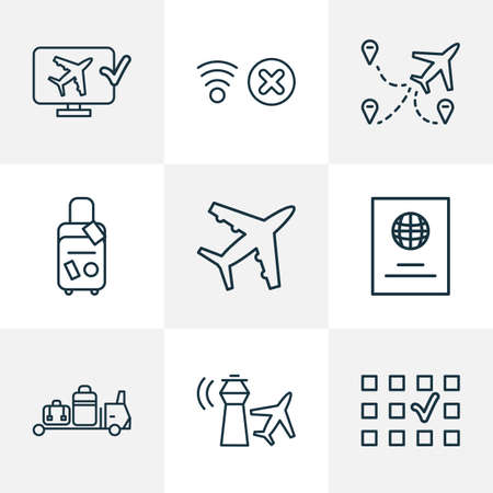 Traveling icons line style set with plane, no network, control tower and other place choice
 elements. Isolated  illustration traveling icons.の写真素材