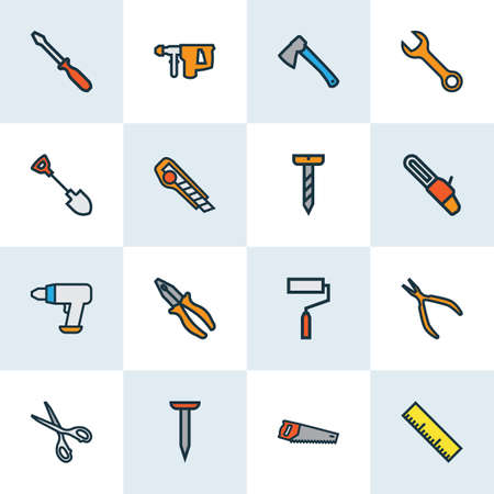 Handtools icons colored line set with pliers, screw, screwdriver and other electric driver
 elements. Isolated vector illustration handtools icons.のイラスト素材