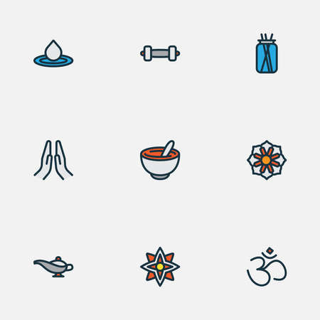 Relax icons colored line set with prayer, healthy food, mandala design om elements. Isolated vector illustration relax icons.のイラスト素材