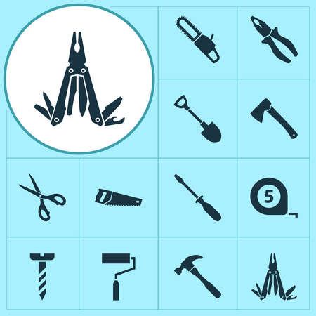 Handtools icons set with pliers, bolt, shovel and other turn-screw elements. Isolated vector...