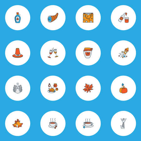 Thanksgiving icons colored line set with stemware, bells, cider and other food elements. Isolated vector illustration thanksgiving icons.のイラスト素材