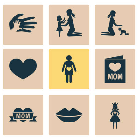 Mothers day icon design concept. Set of 9 such elements as lips, relations and heart. Beautiful symbols for heart, love and mother.のイラスト素材