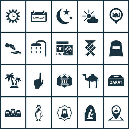 Holiday icons set with financial assistance, mussulmans, palms and other tree elements. Isolated illustration holiday icons.の写真素材
