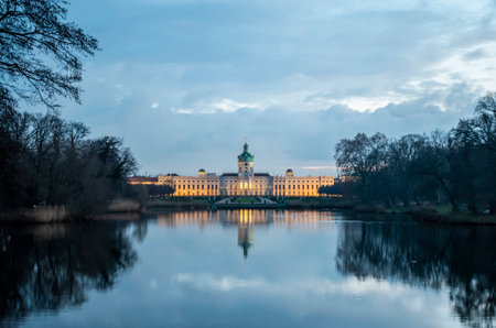 Berlin, Germany - December 2018: View Charlottenburg palace on the lake side.のeditorial素材