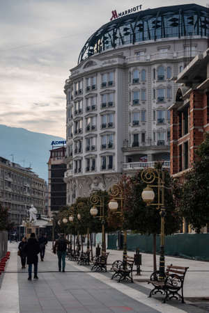 Skopje - North Macedonia - December 2018: View of Macedonian square "Skopje downtown".のeditorial素材
