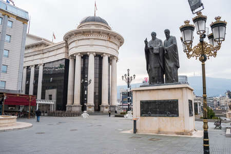 Skopje, North Macedonia - December 2018: Monument of Saints Cyril and Methodius two brothers who were Byzantine Christian theologians and Christian missionaries, through their work they influenced the cultural development of all Slavsのeditorial素材