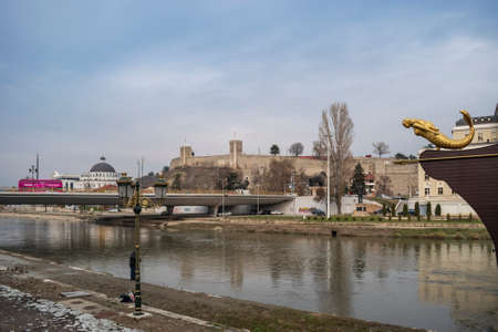Skopje - North Macedonia - December 2018: View of Vardar river and Skopje Kale Castle.のeditorial素材