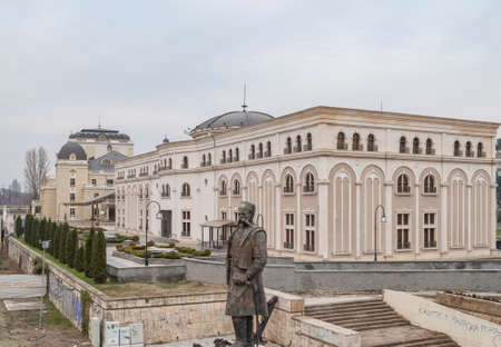 Skopje, North Macedonia - December 2018: View of Museum of the Macedonian Struggle and Georgi Pulevski statue.のeditorial素材