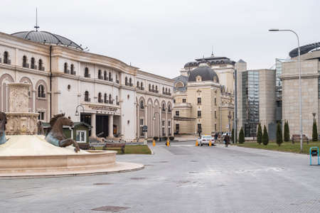Skopje, North Macedonia - December 2018: View of Horses fountain and Museum of the Macedonian Struggle.のeditorial素材