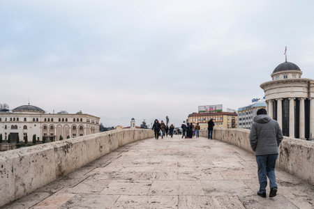 Skopje, North Macedonia - December 2018: View of Stone Bridge Crossing Vardar rive in Skopje downtown.のeditorial素材
