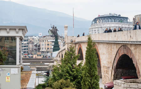 Skopje, North Macedonia - December 2018: View of Stone Bridge Crossing Vardar rive in Skopje downtown.のeditorial素材