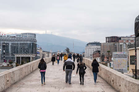 Skopje, North Macedonia - December 2018: View of Stone Bridge Crossing Vardar rive in Skopje downtown.のeditorial素材