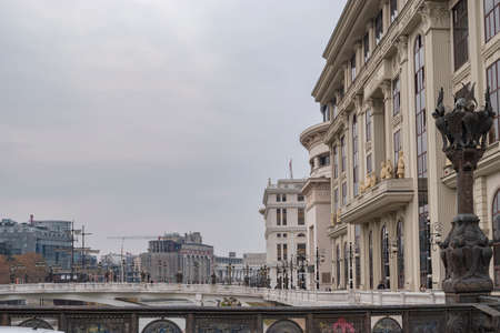 Skopje, North Macedonia - December 2018: View of Vardar river from Freedom Bridge.のeditorial素材