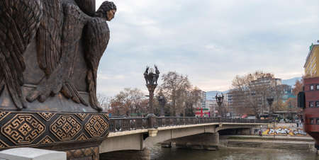 Skopje, North Macedonia - December 2018: View of Freedom Bridge crossing Vardar river.のeditorial素材