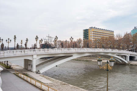 Skopje, North Macedonia - December 2018: View of Art Bridge crossing Vardar riverのeditorial素材